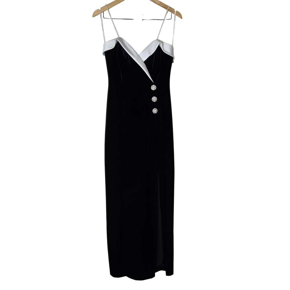 Betsy & Adam Vintage 90s Black Velvet Rhinestone Button Maxi Dress 7/8 2202